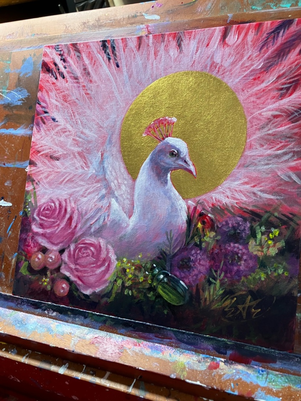Original White peacock painting surreal art bouquet floral still life